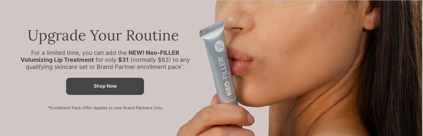 50% OFF Neo-FILLER Volumizing Lip Treatment with any Neo-FILLER or Neo-FILLER Set purchase. Featured is a woman kissing a tube of Neo-FILLER Volumizing Lip Treatment.